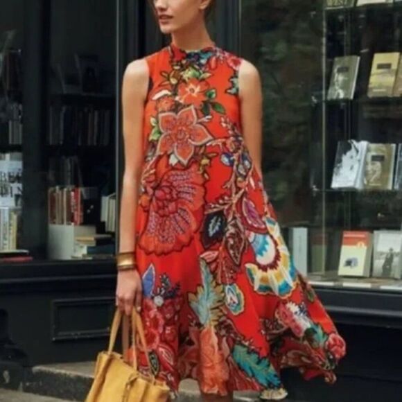 Maeve Size M Orange Chiffon Floral A-Line Dress Vintage Style Keyhole Pullover - Picture 1 of 12